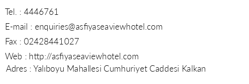 Asfiya Seaview Hotel telefon numaralar, faks, e-mail, posta adresi ve iletiim bilgileri